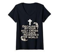 Femme Chemin de Croix Jésus Semaine Sainte Carême Pâques catholique T-Shirt avec Col en V