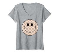 Femme Chemise à Carreaux avec Visage Souriant et Visage Souriant T-Shirt avec Col en V
