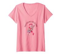 Femme Chemise avec Citation « Together We Rise » de la Sensibilisation au Cancer du Sein, Rose T-Shirt avec Col en V