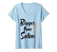 Femme Chemise Bigger Than Satan Funny Anti-Satanic Croyants of God T-Shirt avec Col en V