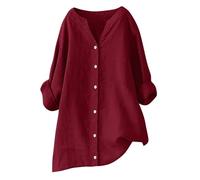 Femme Chemise Coton Lin Été Décontracté Manche Longue Chemisier Tops avec Boutons Col Rever Oversize Couleur Unie Chemisiers et Blouses Tunique Femmes Mode et Elegant Respirant T-Shirt Grande Taille