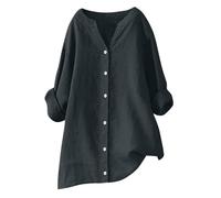Femme Chemise Coton Lin Été Décontracté Manche Longue Chemisier Tops avec Boutons Col Rever Oversize Couleur Unie Chemisiers et Blouses Tunique Femmes Mode et Elegant Respirant T-Shirt Grande Taille