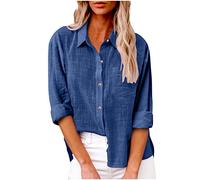 Femme Chemise Coton Lin Simple Boutonné Décontracté Hauts à Revers Tee Shirt Grande Taille Couleur Unie Haut Polyvalents Manche Longue T-Shirt Chic et Elégant D'été Automne Mode Taille S à 5XL