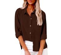 Femme Chemise Coton Lin Simple Boutonné Décontracté Hauts à Revers Tee Shirt Grande Taille Couleur Unie Haut Polyvalents Manche Longue T-Shirt Chic et Elégant D'été Automne Mode Taille S à 5XL