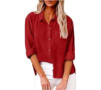 Femme Chemise Coton Lin Simple Boutonné Décontracté Hauts à Revers Tee Shirt Grande Taille Couleur Unie Haut Polyvalents Manche Longue T-Shirt Chic et Elégant D'été Automne Mode Taille S à 5XL