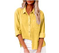 Femme Chemise Coton Lin Simple Boutonné Décontracté Hauts à Revers Tee Shirt Grande Taille Couleur Unie Haut Polyvalents Manche Longue T-Shirt Chic et Elégant D'été Automne Mode Taille S à 5XL