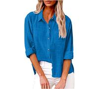 Femme Chemise Coton Lin Simple Boutonné Décontracté Hauts à Revers Tee Shirt Grande Taille Couleur Unie Haut Polyvalents Manche Longue T-Shirt Chic et Elégant D'été Automne Mode Taille S à 5XL