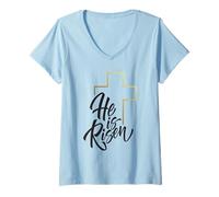 Femme Chemise de Pâques « He is Risen Jesus Cross Scripture Matthew » T-Shirt avec Col en V
