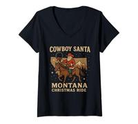 Femme Chemise de Père Noël Cowboy MT Christmas Ride Western Holiday T-Shirt avec Col en V
