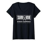 Femme Chemise de Sensibilisation à l'aphasie - Ruban Gris Aphasia Survivor T-Shirt avec Col en V
