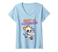 Femme Chemise effrayante et caféinée, Motif tête de Mort, nœud, café glacé T-Shirt avec Col en V