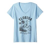 Femme Chemise Florida Heron Vintage Sunset Scene The Sunshine State T-Shirt avec Col en V