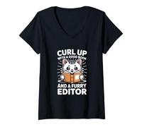 Femme Chemise Humoristique avec Chat lisant l'humour littéraire pour Les Amateurs de Livres T-Shirt avec Col en V