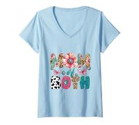 Femme Chemise Mom of both rose bleu imprimé floral léopard vache T-Shirt avec Col en V