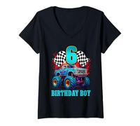 Femme Chemise Monster Truck It's My 6th Birthday pour garçon famille T-Shirt avec Col en V