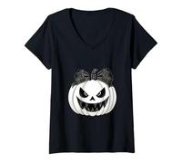 Femme Chemise Noire avec nœud Citrouille maléfique Visage Effrayant T-Shirt avec Col en V