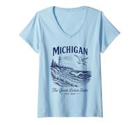 Femme Chemise Retro State Michigan Est 1837 Great Detroit Lakes T-Shirt avec Col en V