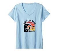 Femme Chemise Ride The Vibe T-Shirt Graphique Cool Retro Surf Wave Sunset T-Shirt avec Col en V