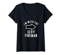 Femme Chemises de Costume d'halloween pour Couples I'm with The Sexy Fireman T-Shirt avec Col en V