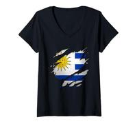 Femme Chemises Uruguayennes - Drapeau Uruguay déchiré T-Shirt avec Col en V