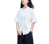 Femme Chemisette Chinoise en Lin Kung Fu Chemise Manches Courtes Confortable Blanc