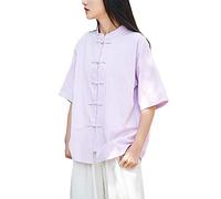 Femme Chemisette Chinoise en Lin Kung Fu Chemise Manches Courtes Confortable Violet Clair