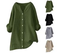 Femme Chemisier Coton Lin Été Décontractés Manches Longues Chemise Tops avec Boutons Col Rever Oversize Couleur Unie Chemisiers et Blouses Tunique Mode et Elegant Respirant T-Shirts Grande Taille