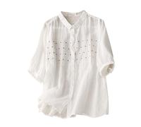 Femme Chemisier Lin Brodée Tee Shirt Manches 3/4 Col Rond Coton Lin Hauts Polyvalente Coupe Ample T-Shirt Décontractés Jacquard Lâche Respirant Blouse de Travail Quotidiennes Tops Confortables