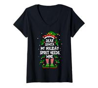 Femme Cher Père Noël, Mon Esprit de Vacances a Besoin de vin de T-Shirt avec Col en V
