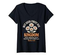 Femme Cherchez d'abord son royaume, marguerite florale chrétienne T-Shirt avec Col en V