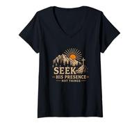 Femme Cherchez sa présence Pas Les Choses des Montagnes chrétiennes T-Shirt avec Col en V