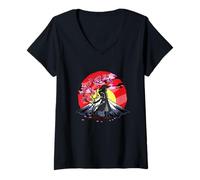 Femme Cherry Blossom Fighter Fujuyama Sunset Japanese Samurai T-Shirt avec Col en V