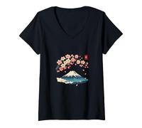 Femme Cherry Blossom Mount Fuji Japanese Ukiyo-e Sakura Art T-Shirt avec Col en V