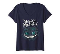 Femme Cheshire Alice Cat Nous Sommes Tous Fous Ici Pays des Merveilles T-Shirt avec Col en V, Bleu Marine, L