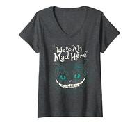 Femme Cheshire Alice Cat Nous Sommes Tous Fous Ici Pays des Merveilles T-Shirt avec Col en V, Chiné Foncé, M