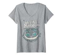 Femme Cheshire Alice Cat Nous Sommes Tous Fous Ici Pays des Merveilles T-Shirt avec Col en V, Gris Chiné, L