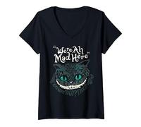 Femme Cheshire Alice Cat Nous Sommes Tous Fous Ici Pays des Merveilles T-Shirt avec Col en V, Noir, L