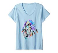 Femme Cheval à Vent Indien Tribal amérindien Art amérindien T-Shirt avec Col en V