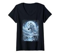 Femme Cheval Blanc Lune Forêt d'hiver Étalon Mystique T-Shirt avec Col en V