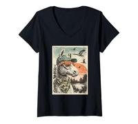 Femme Cheval Cool avec Lunettes de Soleil Canard Chasse Chasseur Rétro Coucher T-Shirt avec Col en V