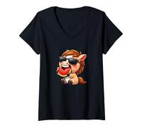 Femme Cheval Cool avec pastèque Summer Vibes T-Shirt avec Col en V