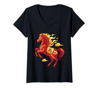 Femme Cheval de feu Rouge du Zodiaque Chinois du Nouvel an Lunaire 2026 T-Shirt avec Col en V