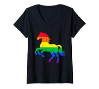 Femme Cheval LGBTQ Pride Flag Rainbow Trans Graphic Riding #25D9 T-Shirt avec Col en V