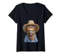 Femme Cheval Mignon avec Lunettes de Soleil et Chapeau de Paille Animal de la Ferme été T-Shirt avec Col en V