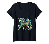 Femme Cheval suédois Dala Art Populaire Drapeau suédois Dalahelmsoljd Cheval T-Shirt avec Col en V