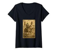 Femme Chevalier médiéval chevauchant un cochon animal de ferme fantastique art surréaliste T-Shirt avec Col en V