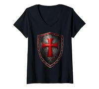 Femme Chevalier Templier Chrétien Guerrier de Dieu Croisé T-Shirt avec Col en V