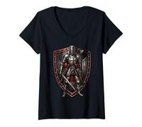 Femme Chevalier Templier Chrétien Guerrier de Dieu Croisé T-Shirt avec Col en V