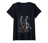 Femme Chevaux Sauvages Qui courent à Travers l'orage La Nature T-Shirt avec Col en V