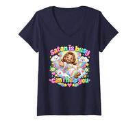 Femme Chibi God - Satan Est Occupé, Puis-Je Vous Aider - Humour T-Shirt avec Col en V
